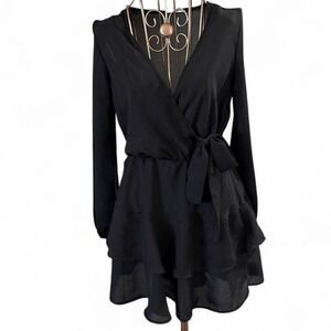 See You Monday Black Long Sleeve Wrap Mini Dress Ruffle Hem Size S
